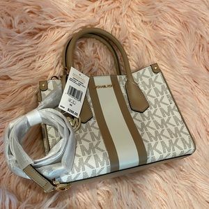 Michael Kors Center Stripe Maple Small Satchel Camel Multi